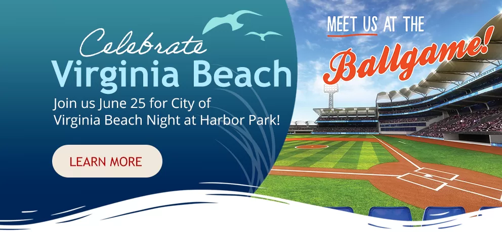 Image of a baseball field with text meeting us at the ballgame on June 25 click to learn more