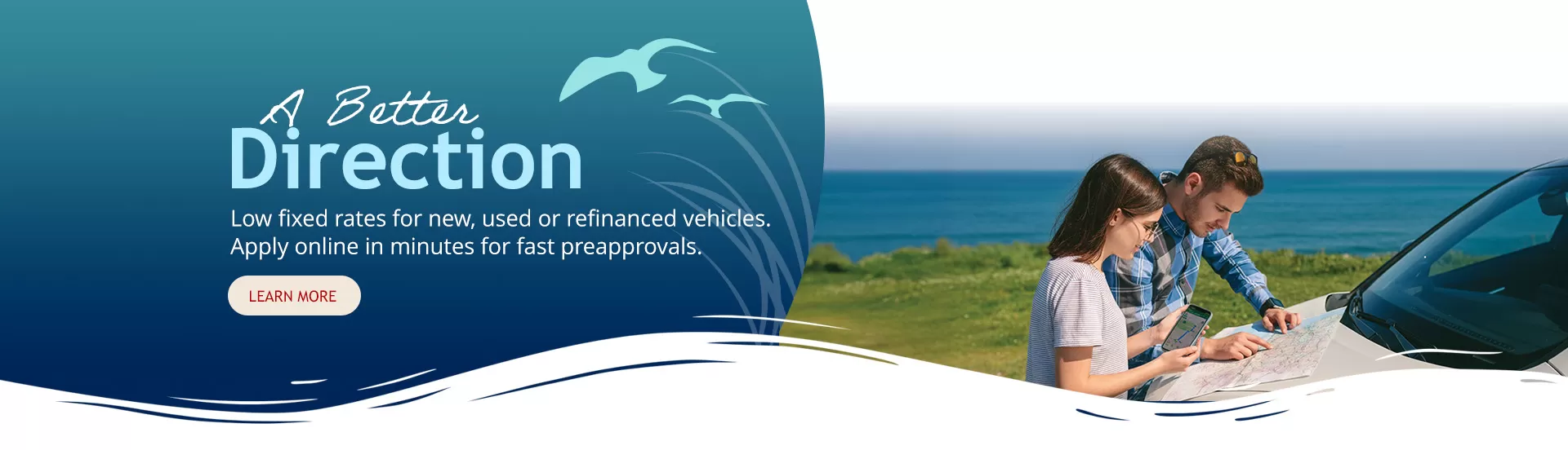 A father and daughter looking at maps standing outside of a white car overlooking water near a grassy ridge