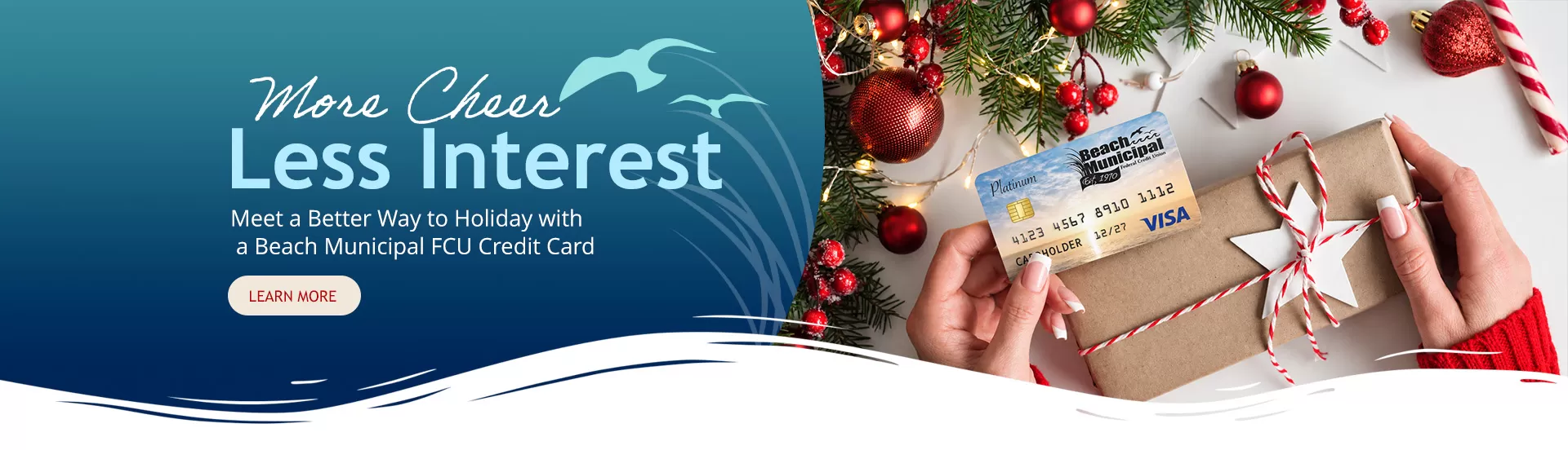 Woman\'s hands holding a Beach Municipal FCU credit card while wrapping a holiday gift