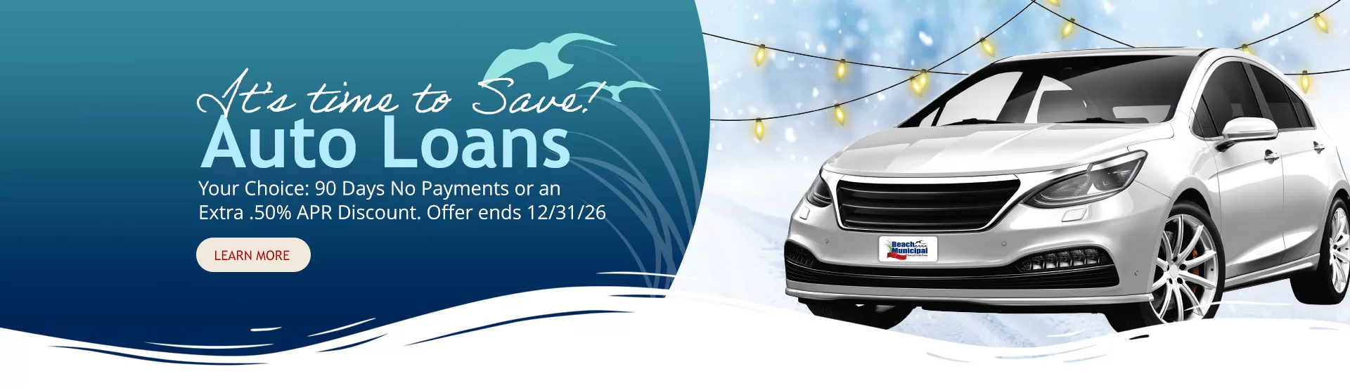 White sedan vehicle with winter holiday lights and snowflakes