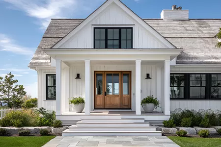 house near the ocean with bright green grass